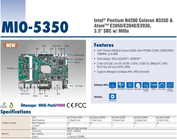 研華MIO-5350 英特爾第六代凌動 Atom?奔騰N4200/N3350，3.5寸單板電腦