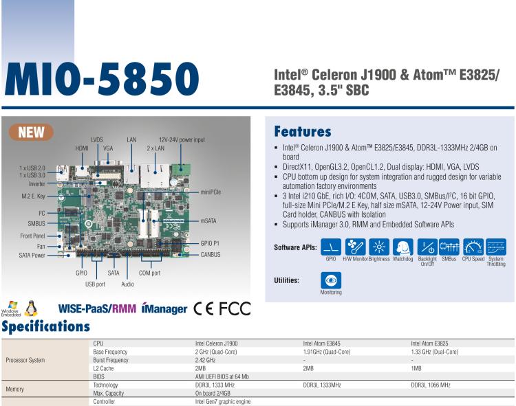 研華MIO-5850 Intel賽揚J1900和Atom?E3825 / E3845,3.5“MI / O-Compact SBC，板載DDR3L，3GbE，iManager 3.0,16位GPIO，CANBUS，板載eMMC，12V / 24V電源輸入