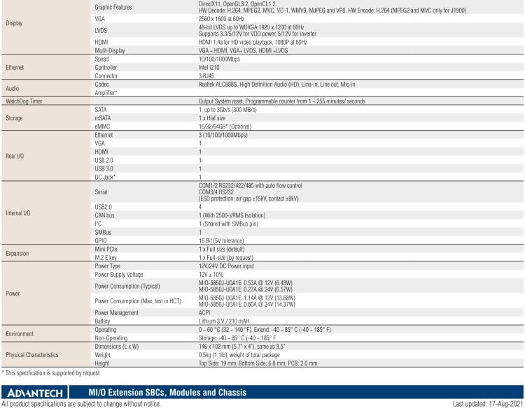 研華MIO-5850 Intel賽揚J1900和Atom?E3825 / E3845,3.5“MI / O-Compact SBC，板載DDR3L，3GbE，iManager 3.0,16位GPIO，CANBUS，板載eMMC，12V / 24V電源輸入