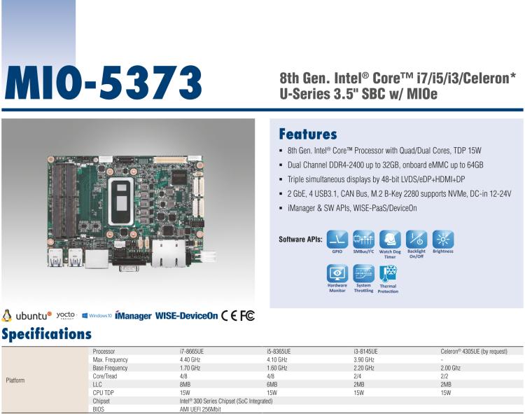 研華MIO-5373 第八代 Intel 低功耗高性能 超極本CPU 3.5寸嵌入式單板，性能提升40%