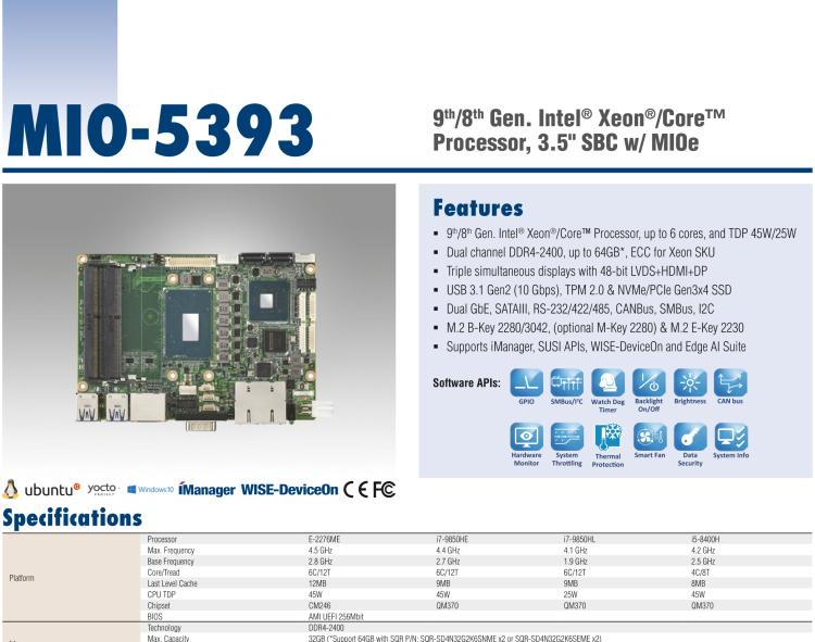 研華MIO-5393 第九代Intel 高性能筆記本CPU 3.5寸小尺寸嵌入式單板，性能提升25%，TDP 45W/25W，支持DDR4 64GB內(nèi)存，2LAN, 4USB 3.1，M.2 2280 Key支持NVMe，-40-85℃寬溫
