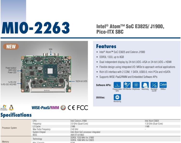 研華MIO-2263 2.5寸Pico-ITX主板，搭載Intel? Atom? SoC E3825/ J1900處理器的2.5寸Pico-ITX單板電腦，采用DDR3L內(nèi)存，支持24-bit LVDS + VGA/HDMI獨(dú)立雙顯，帶有豐富I/O接口：1個(gè)GbE、半長(zhǎng)Mini PCIe、4個(gè)USB、2個(gè)COM、SMBus、mSATA & MIOe
