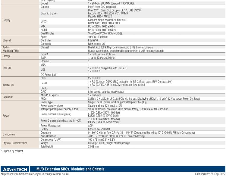 研華MIO-2263 2.5寸Pico-ITX主板，搭載Intel? Atom? SoC E3825/ J1900處理器的2.5寸Pico-ITX單板電腦，采用DDR3L內(nèi)存，支持24-bit LVDS + VGA/HDMI獨(dú)立雙顯，帶有豐富I/O接口：1個(gè)GbE、半長(zhǎng)Mini PCIe、4個(gè)USB、2個(gè)COM、SMBus、mSATA & MIOe