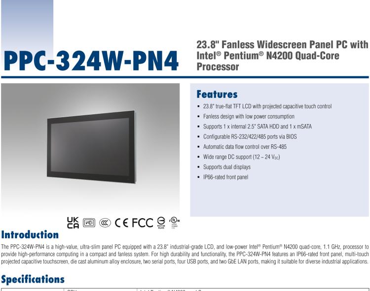 研華PPC-324W-PN40B 23.8" 寬屏無風扇工業(yè)平板電腦, 搭載Intel? Pentium? N4200 四核心處理器