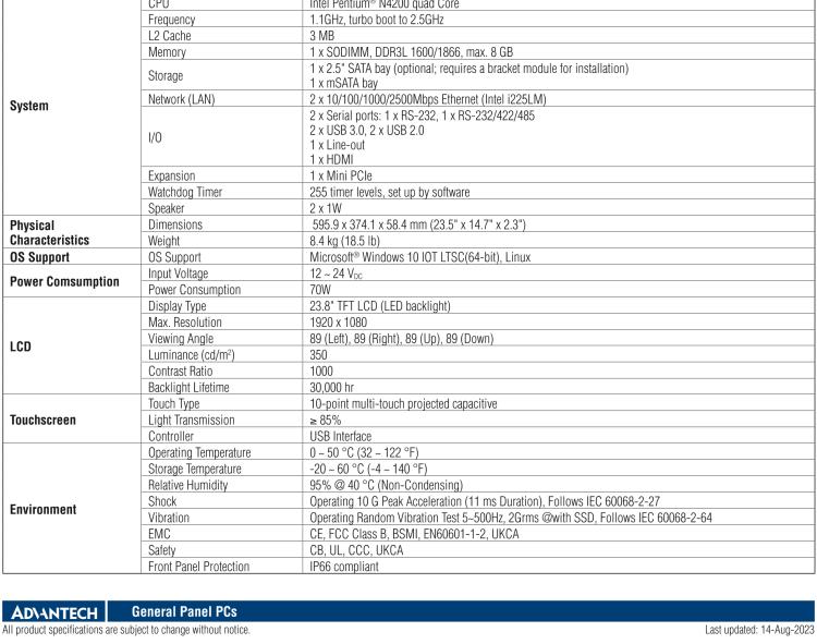 研華PPC-324W-PN40B 23.8" 寬屏無風扇工業(yè)平板電腦, 搭載Intel? Pentium? N4200 四核心處理器