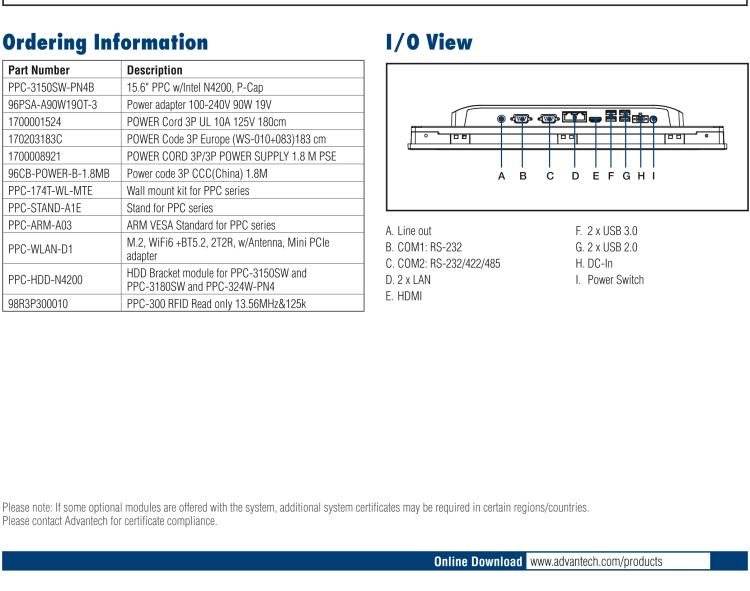 研華PPC-3150SW 15.6" 寬屏無(wú)風(fēng)扇工業(yè)平板電腦，搭載 Intel? Pentium? N4200 四核心處理器