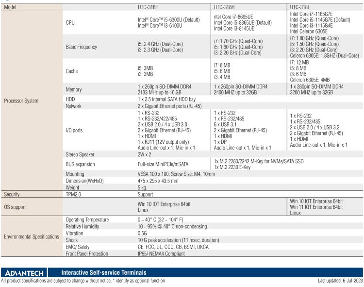 研華UTC-318H 18.5" 多功能觸控一體機(jī)，內(nèi)置 Intel? Core? i5-8365UE / Core? i3-8145UE