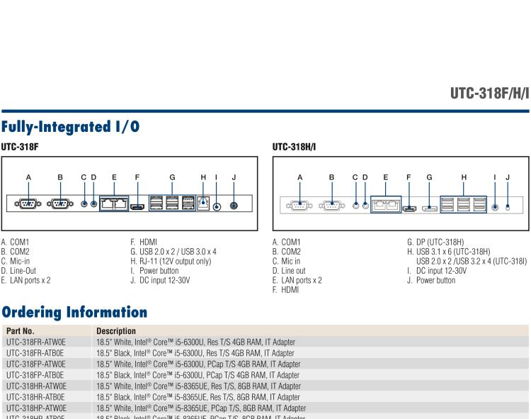 研華UTC-318H 18.5" 多功能觸控一體機(jī)，內(nèi)置 Intel? Core? i5-8365UE / Core? i3-8145UE