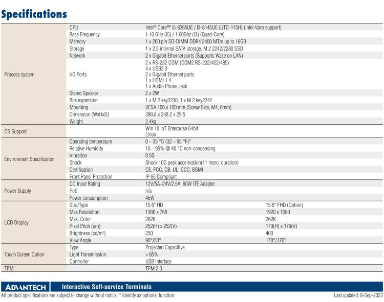 研華UTC-115H 15.6" 多功能觸控一體機，搭載 Intel? Core? i5-8365UE
