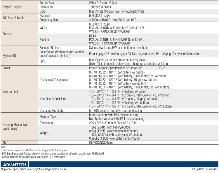 研華EPD-660 13.3"電子紙解決方案，Wi-Fi，用于醫(yī)院床邊卡和智能建筑標(biāo)牌。