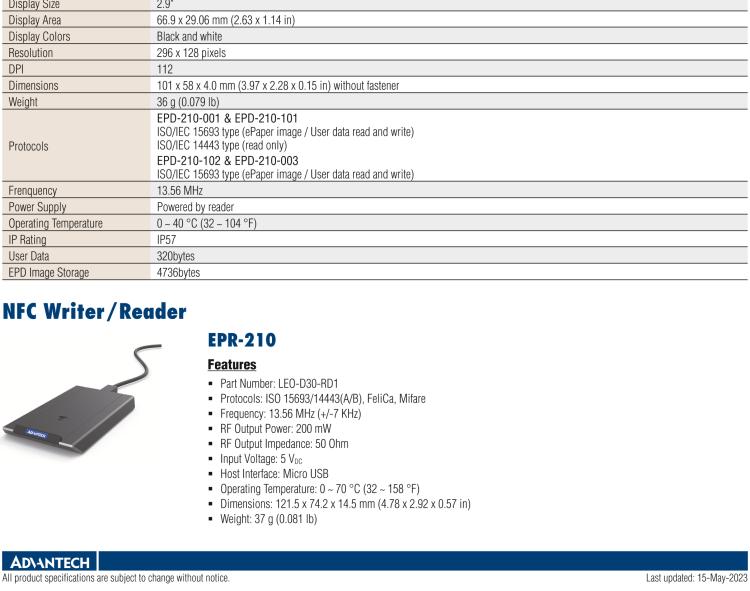 研華EPD-210 2.9" 電子紙解決方案，NFC、無(wú)電池，用于倉(cāng)庫(kù)、物流箱和名片。