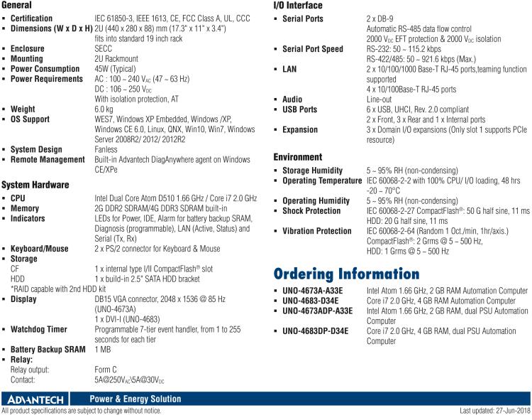 研華UNO-4673A Intel? Atom ? D510 變電站專用機(jī)，帶6×LAN, 2×COM, 3×擴(kuò)展槽