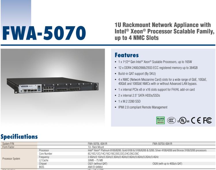研華FWA-5070 基于Intel?Xeon?處理器可擴展系列1U機架式網(wǎng)絡應用平臺，最高支持4個NMC插槽