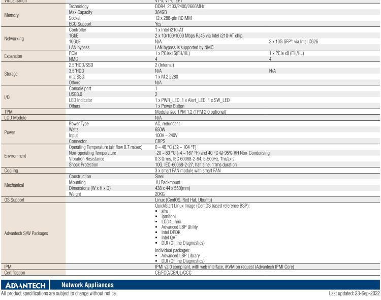 研華FWA-5070 基于Intel?Xeon?處理器可擴展系列1U機架式網(wǎng)絡應用平臺，最高支持4個NMC插槽