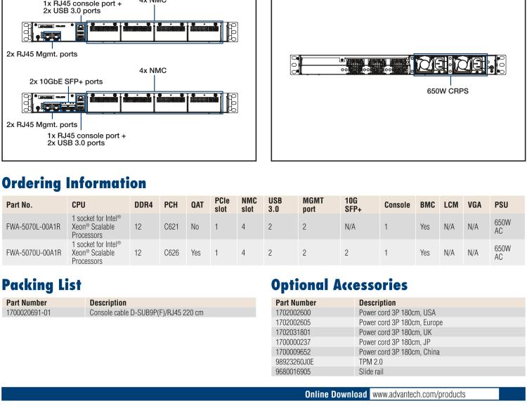 研華FWA-5070 基于Intel?Xeon?處理器可擴展系列1U機架式網(wǎng)絡應用平臺，最高支持4個NMC插槽