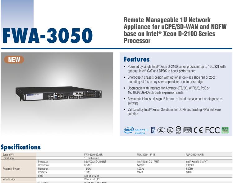 研華FWA-3050 基于Intel?Xeon D-2100系列處理器，用于uCPE和下一代防火墻的遠程可管理1U網(wǎng)絡(luò)應(yīng)用平臺