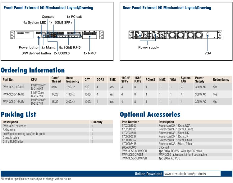 研華FWA-3050 基于Intel?Xeon D-2100系列處理器，用于uCPE和下一代防火墻的遠程可管理1U網(wǎng)絡(luò)應(yīng)用平臺