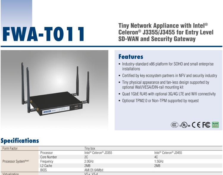 研華FWA-T011 基于Intel? Celeron? N3350/J3455 入門級SD-WAN，安全網(wǎng)關(guān)微型網(wǎng)絡(luò)應用平臺