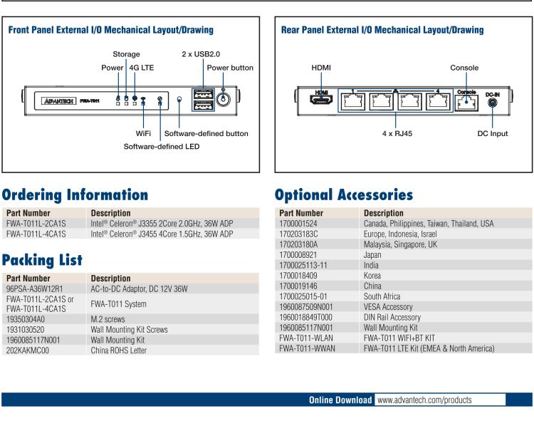 研華FWA-T011 基于Intel? Celeron? N3350/J3455 入門級SD-WAN，安全網(wǎng)關(guān)微型網(wǎng)絡(luò)應用平臺