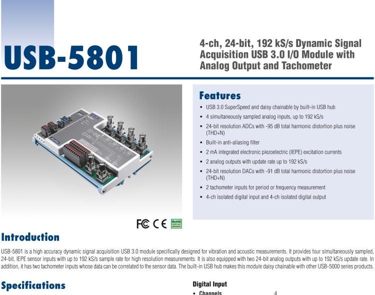 研華USB-5801 4路，24位，192 kS / s的動(dòng)態(tài)信號(hào)采集USB 3.0 I / O模塊使用模擬輸出和轉(zhuǎn)速計(jì)