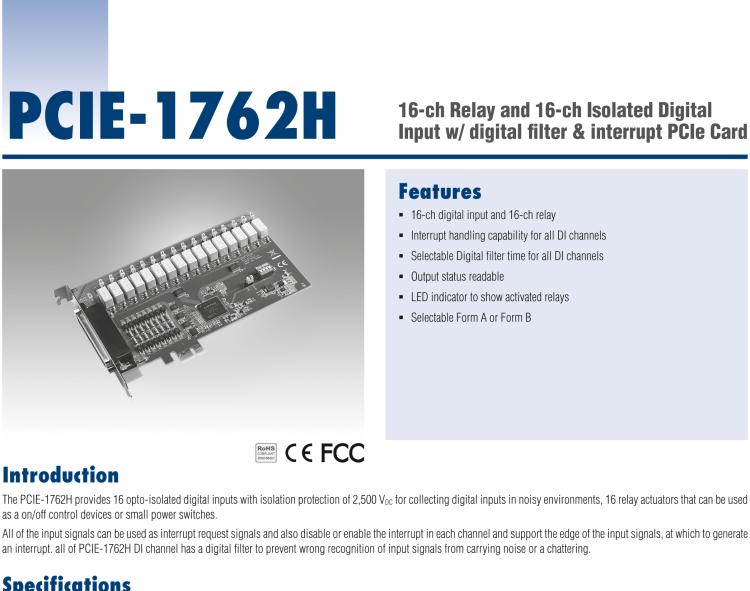 研華PCIE-1762H 16 通道繼電器和 16 通道隔離數(shù)字輸入，帶數(shù)字濾波器和中斷 PCIe 卡