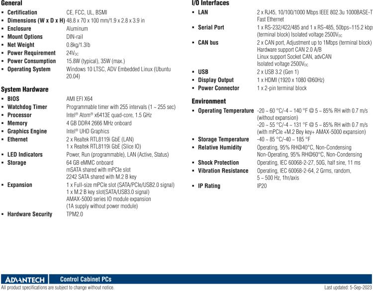 研華AMAX-5570 超微型控制平臺，采用Intel Atom處理器、64GB eMMC、2 個(gè)以太網(wǎng)口、2 個(gè) USB、2 個(gè) CAN、2 個(gè) COM 和插片 IO 擴(kuò)展