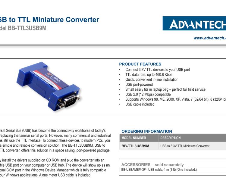 研華BB-TTL3USB9M 串口轉(zhuǎn)換器，USB 2.0至3.3 V TTL DB9 公頭