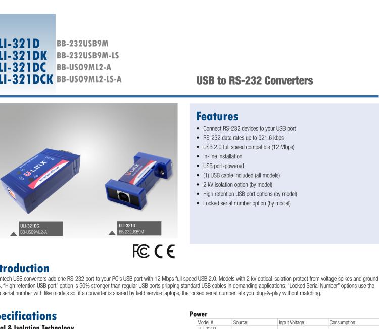 研華BB-232USB9M-LS ULI-321DK USB 2.0到RS-232轉(zhuǎn)換器，DB9公頭 端口號鎖定