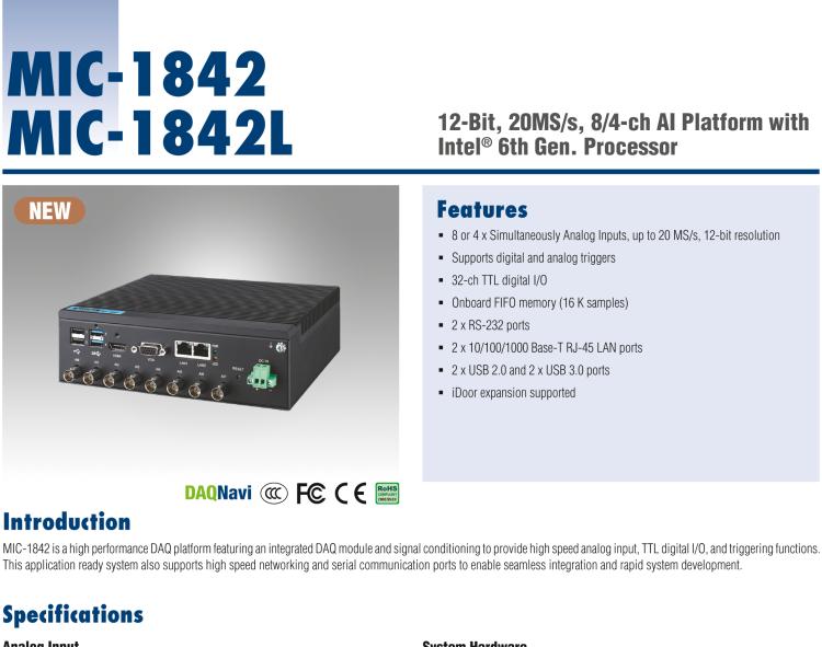 研華MIC-1842 12 位、20MS/s、8/4 通道 AI 平臺，采用英特爾?酷睿? i5/賽揚(yáng)?處理器