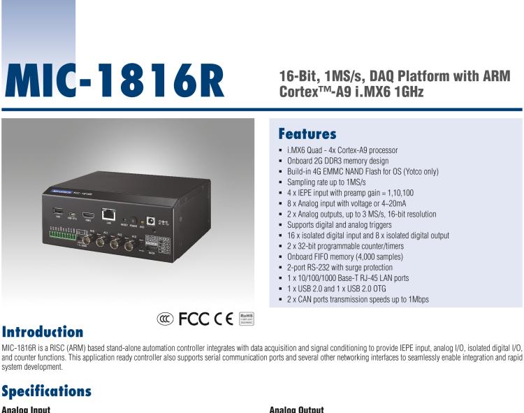 研華MIC-1816R 帶有ARM Cortex?-A9 i.MX6 1GHz的16位，1MS/s DAQ平臺(tái)