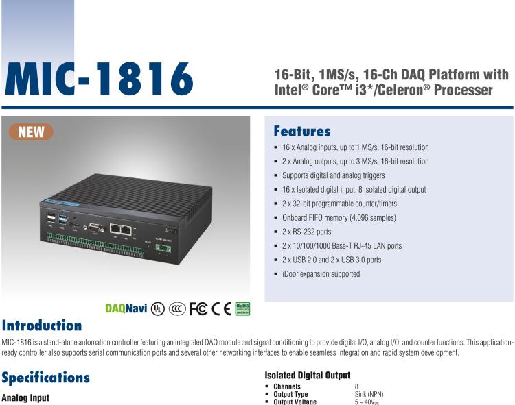 研華MIC-1816 具有Core?i3 /Celeron?處理器的16位，1 MS / s，16通道DAQ平臺