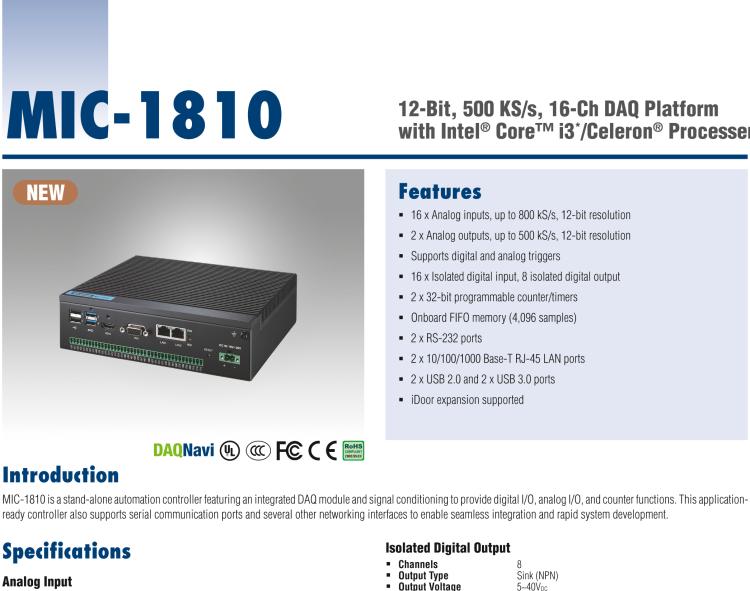 研華MIC-1810 帶有Core?i3 /Celeron?處理器的12位，500 KS / s，16通道DAQ平臺