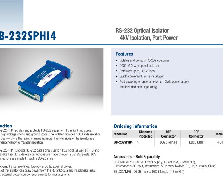 研華BB-232SPHI4 串口中繼器，RS-232 DB25，4 kV隔離，端口供電