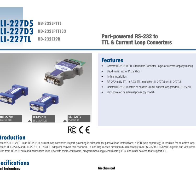 研華BB-232LPTTL33 ULI-227D3 RS-232（DB9母頭）至3.3V TTL（DB9公頭）轉(zhuǎn)換器，端口供電