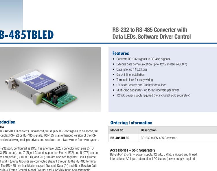 研華BB-485TBLED 串口轉(zhuǎn)換器，RS-232 DB25 母頭至RS-485 TB