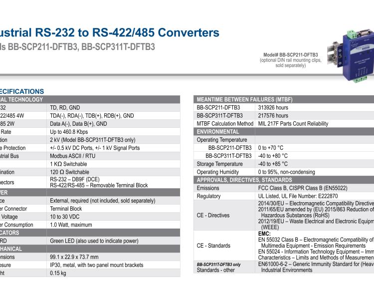 研華BB-SCP311T-DFTB3 ULI-224THC 寬溫度范圍、隔離式、RS-232 至 422/485 轉(zhuǎn)換器