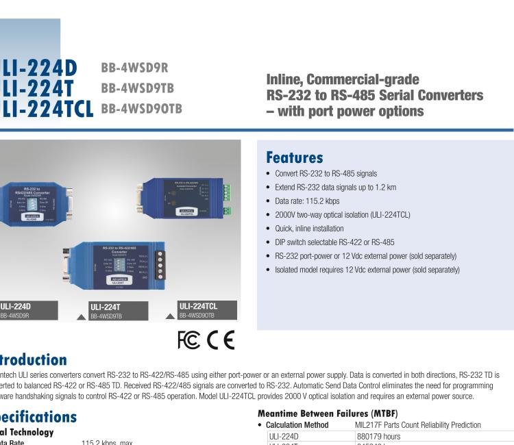 研華BB-485BAT3 ULI-224TB RS-232（DB9母頭至RS-422/485（接線端子）轉(zhuǎn)換器，電池供電