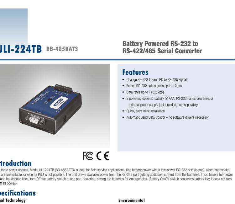 研華BB-485BAT3 ULI-224TB RS-232（DB9母頭至RS-422/485（接線端子）轉(zhuǎn)換器，電池供電