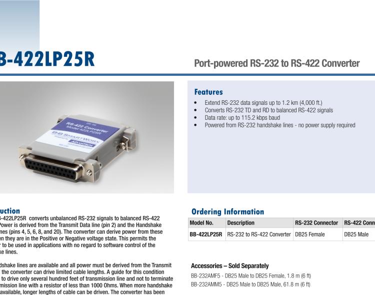 研華BB-422LP25R 串口轉(zhuǎn)換器，RS-232 DB-25 F至RS-422 DB25 M，端口供電