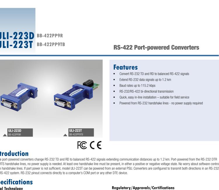 研華BB-422PP9R ULI-223D RS-232至RS-422轉(zhuǎn)換器，端口供電，DB9母頭連接器