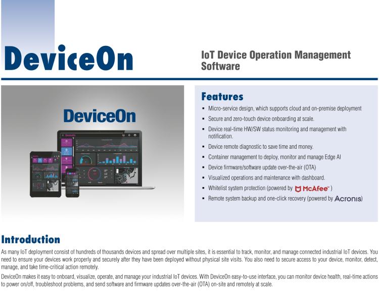 研華DeviceOn DeviceOn.DM是IoT設(shè)備管理，可遠(yuǎn)程管理連接的設(shè)備并提供集中式管理功能。